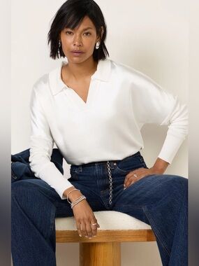NWT MELISSA NEPTON Tina Mixed Media Top Long Sleeve Collared Blouse White Large